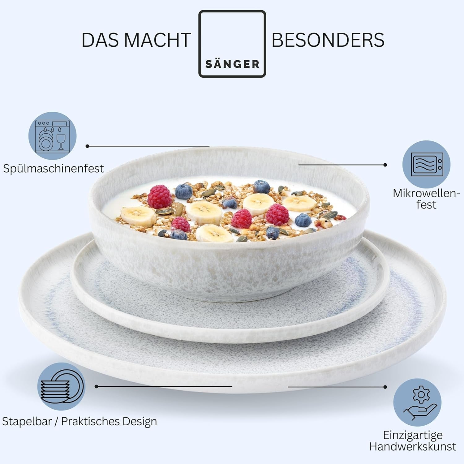 SANGER | Juego de vajilla Santorini de 12 piezas Juego de platos para 4 personas Juego de vajilla de gres con calificación MUY BUENA que incluye platos llanos, platos de postre y platos Suma Crema Lila Azul Degradado | LA COLECCIÓN PREMIUM