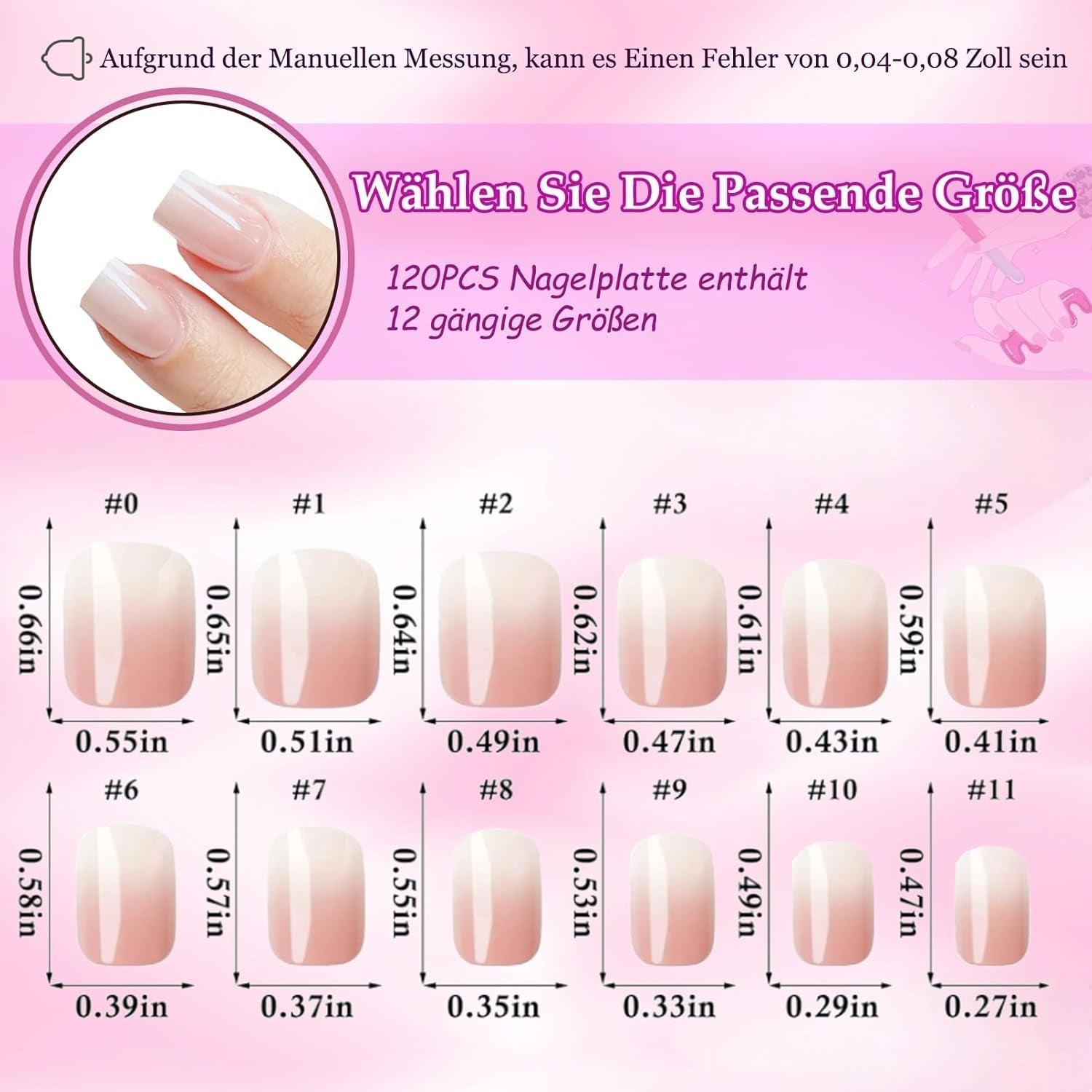 120 piezas de uñas postizas de color rosa nude con pegamento para uñas - 12 tamaños de uñas cortas ovaladas cuadradas a presión - Hermosas uñas, pegamento en uñas artificiales - Adecuado para el diseño de uñas de bricolaje para mujeres (degradado rosa Squaval)