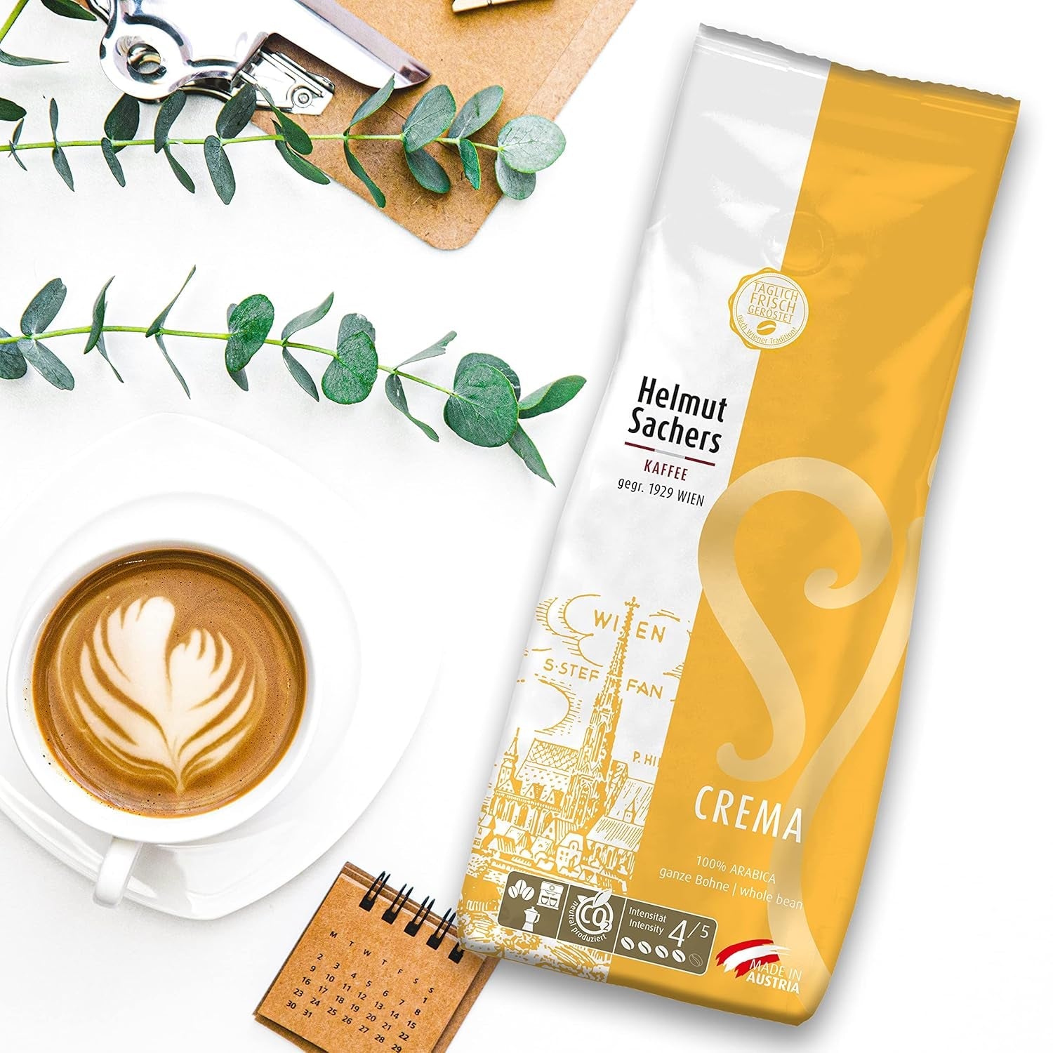 Café Helmut Sachers - Crema, concentración 4/5, 100% Arábica, granos de café enteros, 6 x 500 g