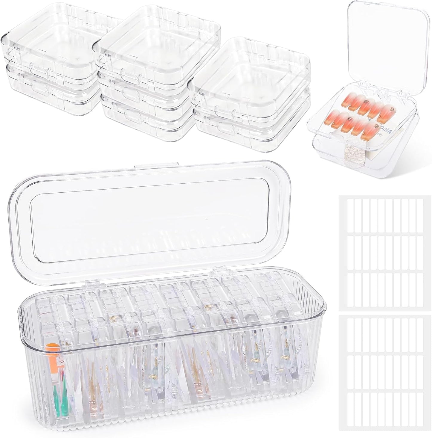 INMORVEN Juego de Cajas de Almacenamiento de Uñas - 14 Cajas de Uñas Transparentes + 1 Caja Grande y 60 Discos Adhesivos - Ideal para guardar uñas postizas, accesorios de uñas de gel y esmalte de uñas (14 piezas en una capa)