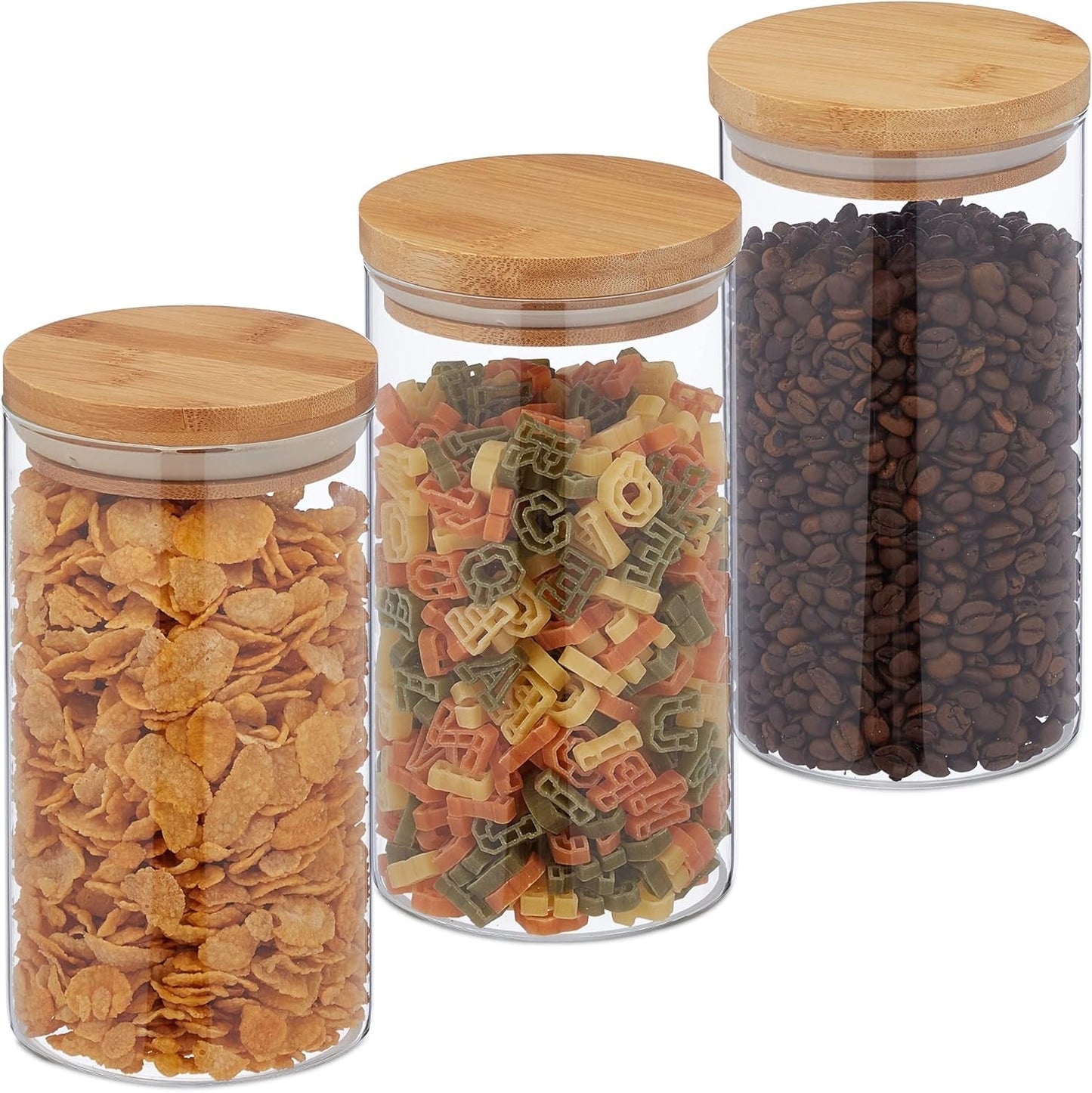 Relaxdays Tarros de Conservación con Tapa de Bambú Juego de 3 Tarros de Vidrio Redondos 1000ml Transparente/Natural 18x10cm Cajas de Conservación de Alimentos Naty Shop Transparente/Natural 1000Ml