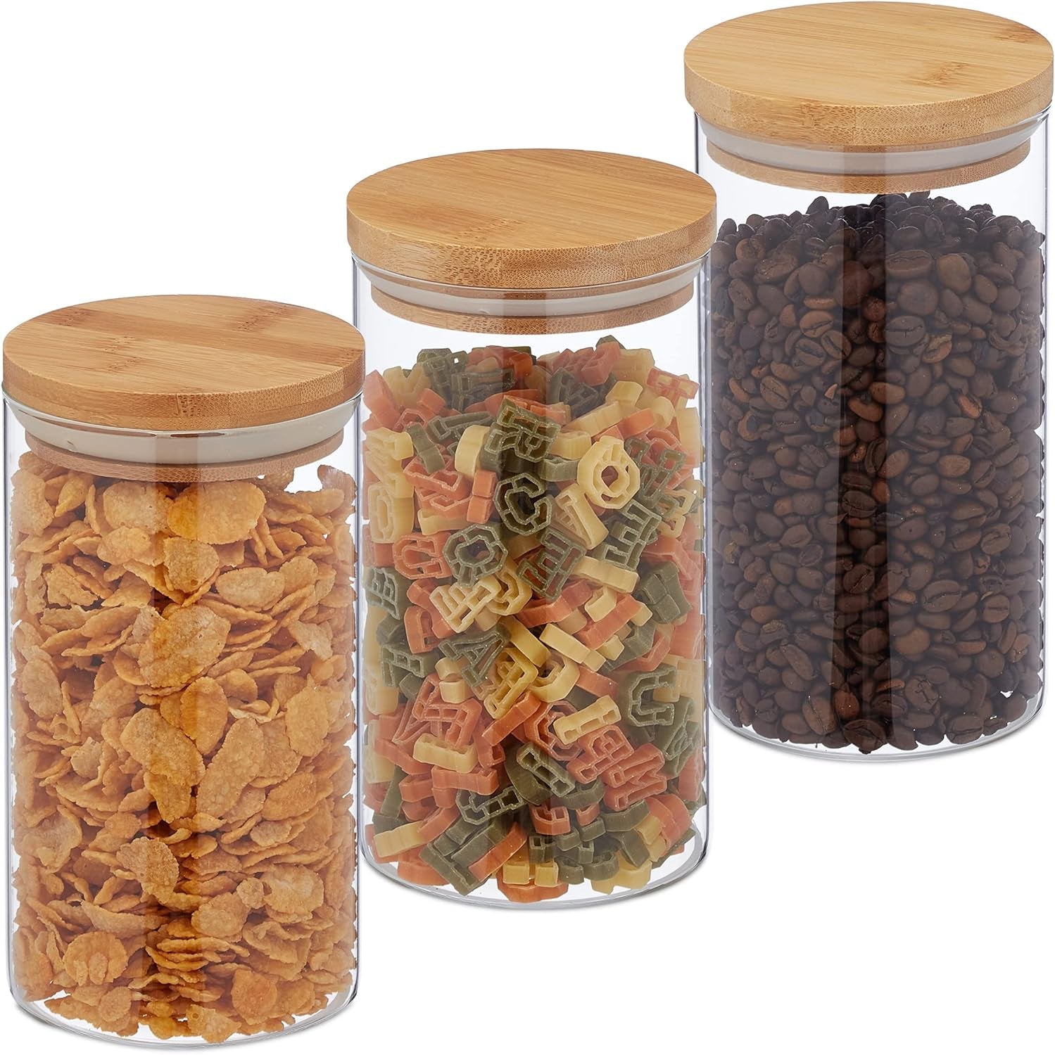 Relaxdays Tarros de Conservación con Tapa de Bambú Juego de 3 Tarros de Vidrio Redondos 1000ml Transparente/Natural 18x10cm Cajas de Conservación de Alimentos Naty Shop Transparente/Natural 1000Ml