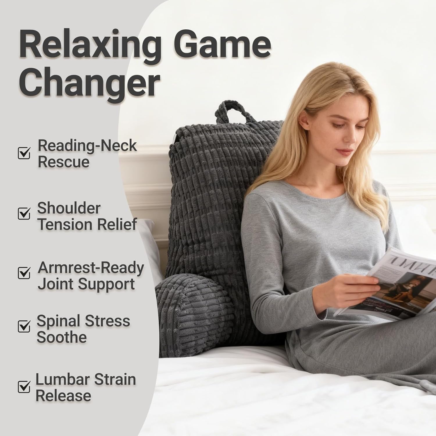 Almohada de lectura para cama y sofá, almohada de lectura con reposamuñecas, reposabrazos y respaldo, almohada de respaldo para descansar, relajarse, leer, trabajar en la computadora portátil, mirar televisión (gris oscuro)
