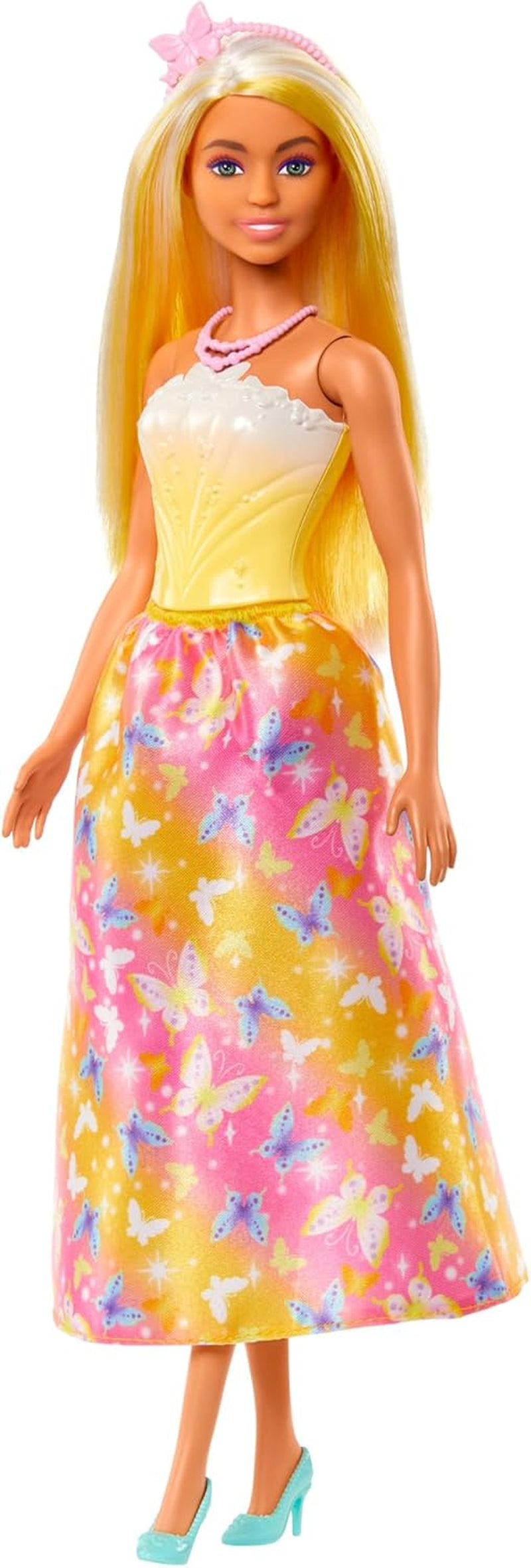 Muñeca Barbie Real con pelo elegante con mechones de colores, accesorios coloridos, top amarillo degradado y falda de mariposa, HRR09 Naty Shop Dolls