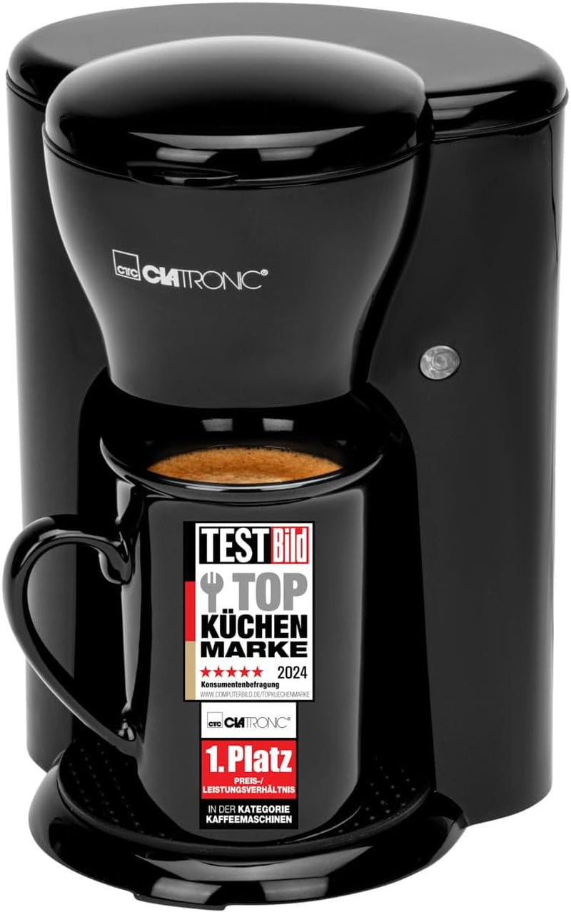 Cafetera Clatronic® de 1 taza | Máquina de café espresso perfecta para personas solteras | Cafetera espresso con filtro, incluida taza de cerámica | Pequeña cafetera espresso con filtro, ideal para viajar | KA 3356