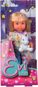Pijama Simba Evi Love, 3 colores surtidos, solo se envía un artículo, muñeca en lindo pijama con peluche de unicornio, muñeca de juego de 12 cm, a partir de 3 años