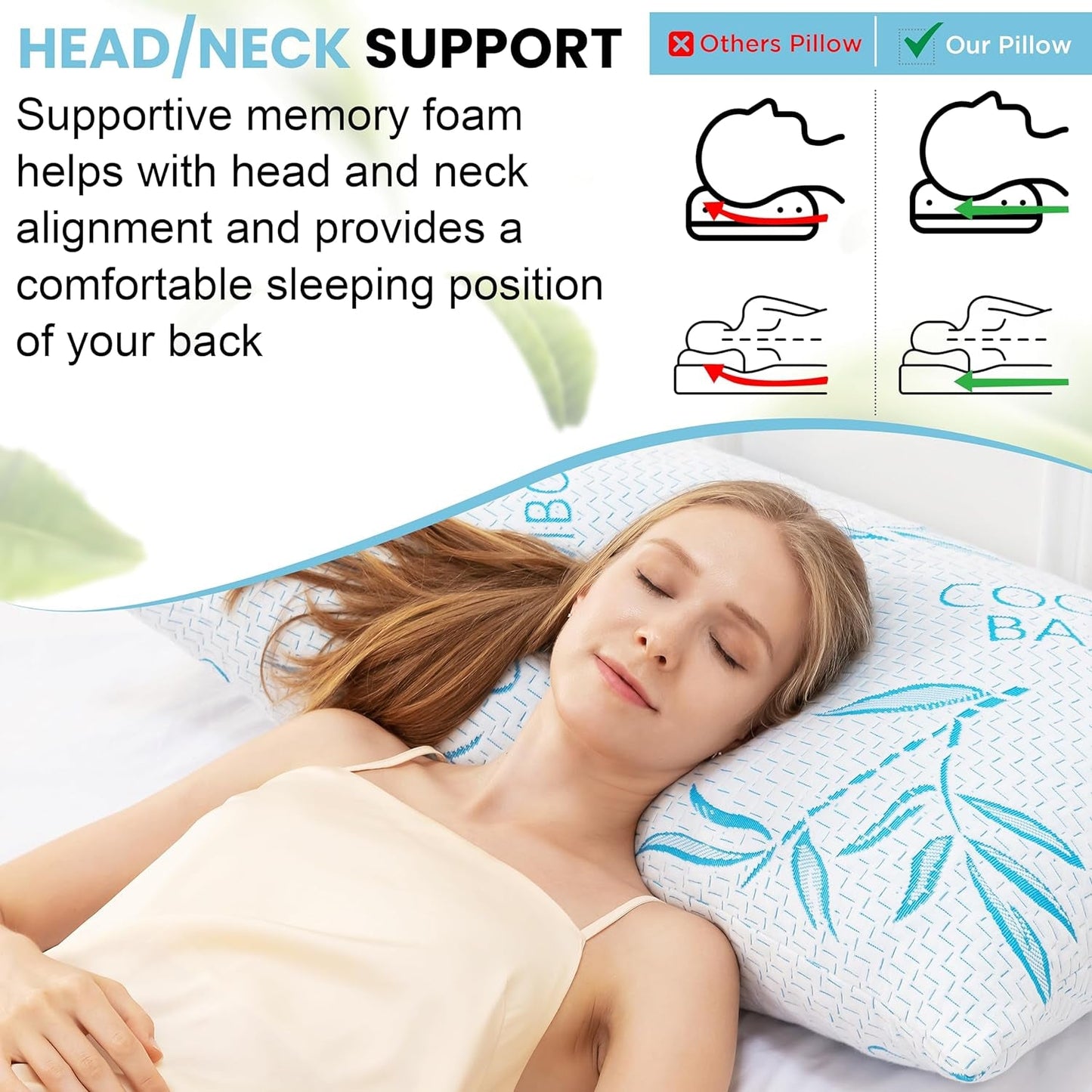 Naty Shop Almohadas estándar Comfysleep Almohada de Viscosa de bambú tamaño King Refrescante Espuma viscoelástica triturada Viscosa de bambú Ajustable Funda extraíble/Lavable 2 Piezas