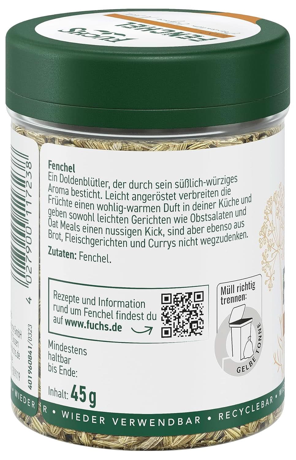 Fuchs - Hinojo entero - sabor dulce y picante para macedonias de frutas - 45 g Condimente Naty Shop