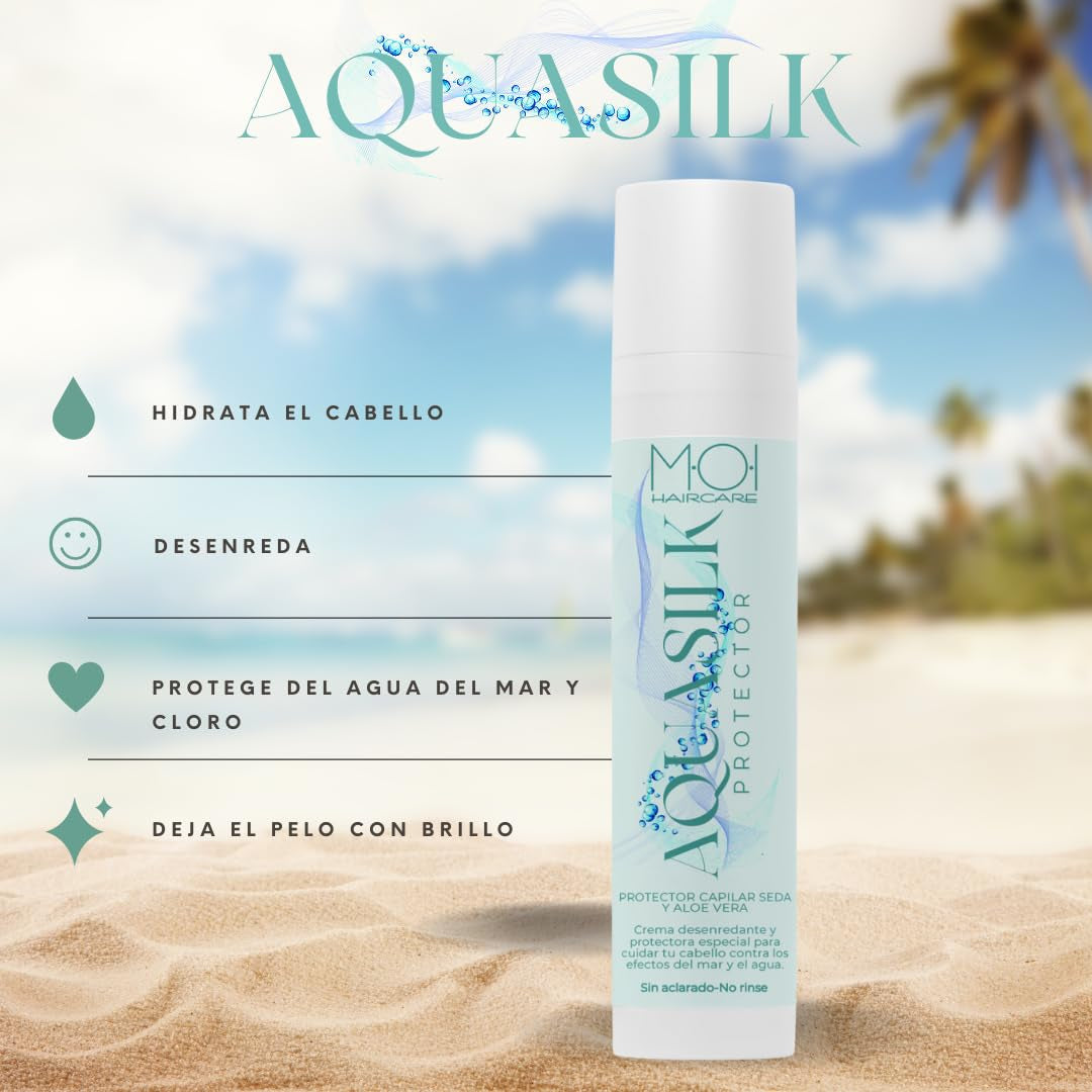 AQUA SILK Crema Capilar para Verano, Protege el Cabello del Mar y del Cloro, Seda y Aloe Vera, M-O-I Haircare | Mascarilla capilar Naty Shop 100 ml