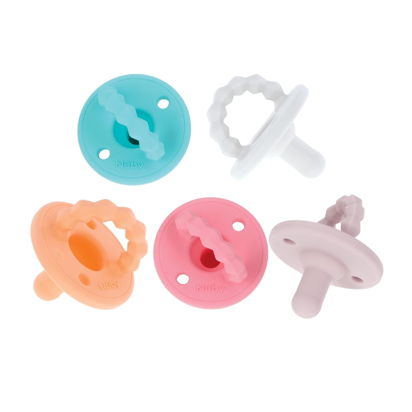 Nuby – Set de 5 Chupetes y Chupetes de Ortodoncia de Silicona Suave | 3 modelos para día y noche | 2 modelos que brillan en la oscuridad | Sin BPA | Forma parecida al pecho | Durante 18-36 meses