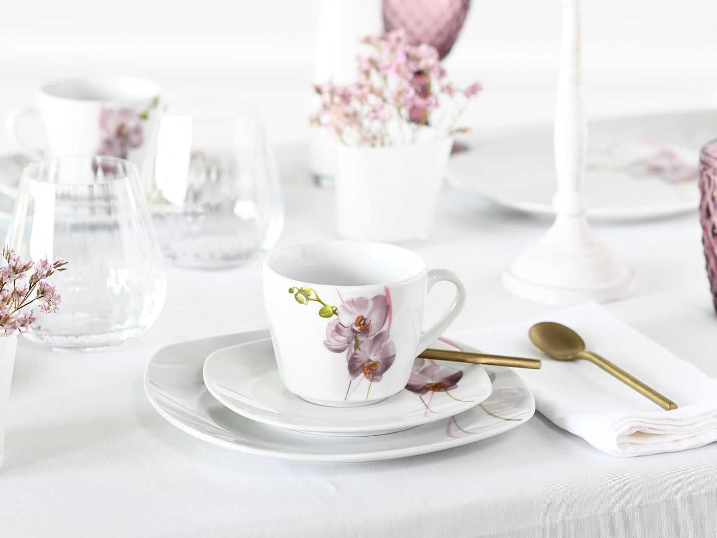 CreaTable, 24024, Serie Square Orchid, Vajilla de 18 piezas para 6 personas, Servicio de café de porcelana, Apto para lavavajillas y microondas, Fabricación de calidad