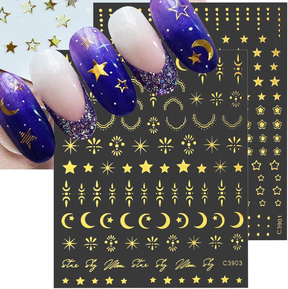 8 hojas de pegatinas doradas para uñas, luna y estrellas, alas de ángel, pegatinas para uñas doradas, estrellas, láminas para uñas, pegatinas autoadhesivas para uñas, accesorios de diseño de uñas, pegatinas para uñas