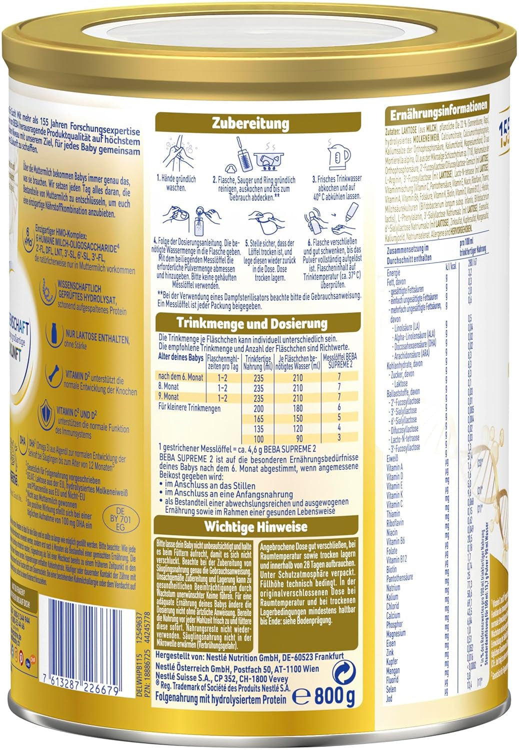 BEBA SUPREME 2 Leche de continuación a partir de los 6 meses, solo lactosa, sin aceite de palma, pack de 6 (6 x 800g) Naty Shop