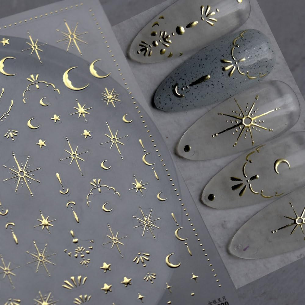 Hojas de pegatinas para uñas de estrella y luna doradas, alas de ángel, pegatinas para uñas de color dorado tostado, estrellas, láminas para uñas, pegatinas para uñas, accesorios de diseño de uñas, pegatinas para uñas