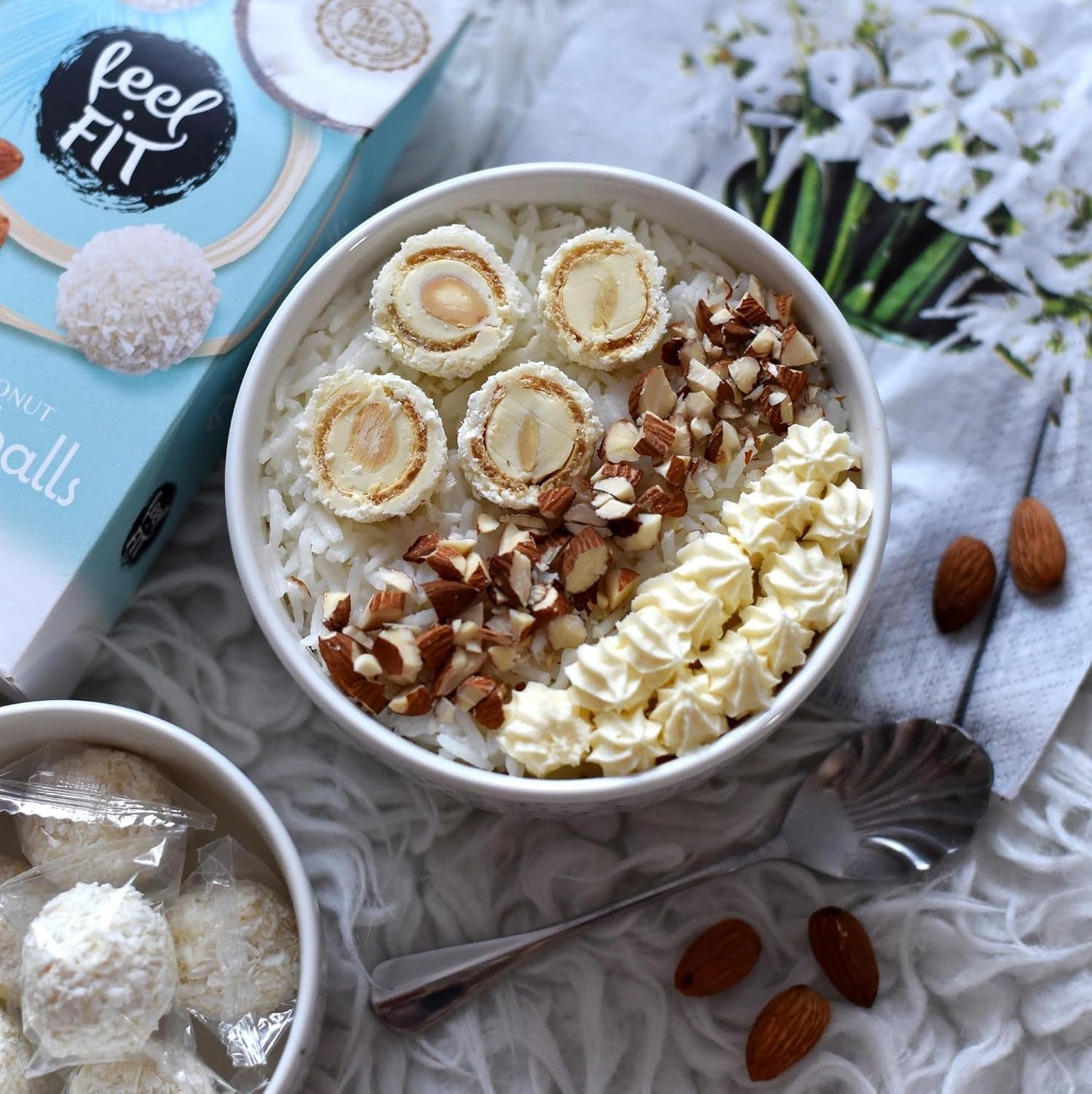 Bombones de coco con almendras sin azúcar, siéntete FIT, sin azúcares añadidos, 17% proteína, 63 g