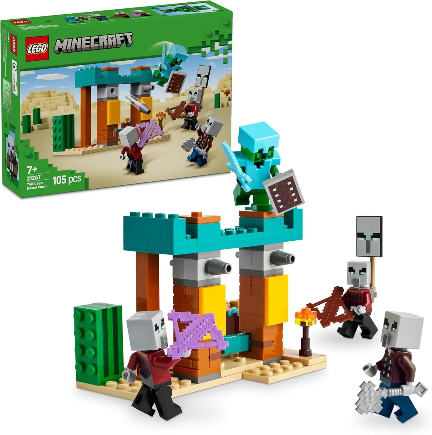 LEGO Minecraft The Illager Desert Patrol Videojuego para niños, mini juguete avanzado y tres minifiguras que incluyen saqueador, sirviente y caballero cactus 21267 Juegos de construcción Besuche den LEGO-Store Default Title