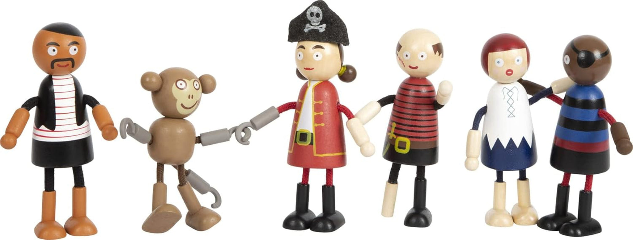 Small Foot Muñecos piratas de madera flexibles, 5 piratas y 1 mono, detallados y flexibles, a partir de 3 años, 12412