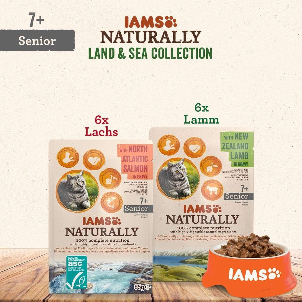 IAMS Naturally Senior Comida húmeda en salsa - Comida húmeda de carne y pescado de alta calidad para gatos mayores, Colección Land & Sea, 12 x 85 g