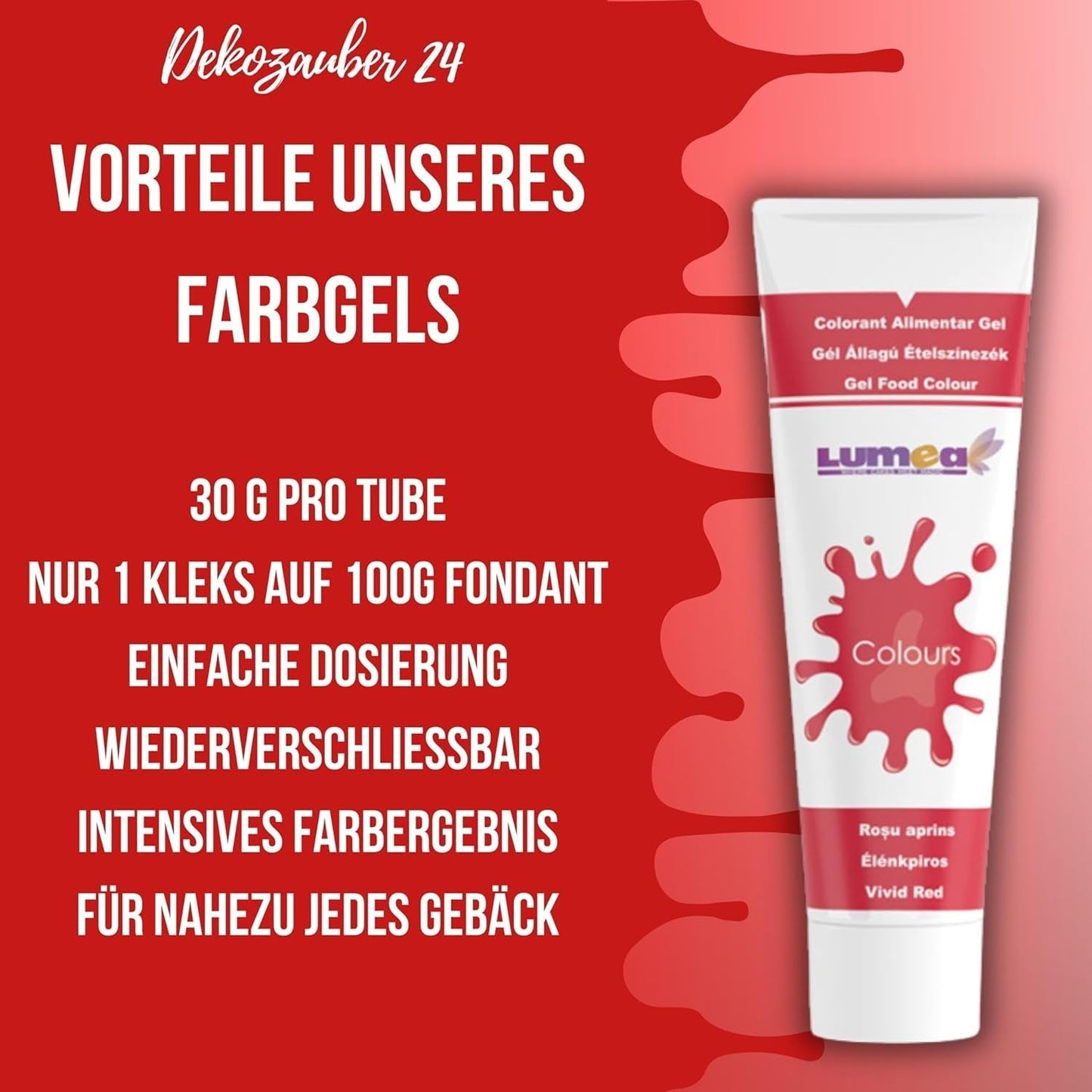 Dekozauber 24 Colorante alimentario rojo, gel, 30 g, vegano, sin azúcar, altamente concentrado, colorante alimentario rojo para fondant, crema de mantequilla, bebidas y más