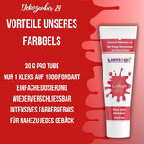 Dekozauber 24 Colorante alimentario rojo, gel, 30 g, vegano, sin azúcar, altamente concentrado, colorante alimentario rojo para fondant, crema de mantequilla, bebidas y más