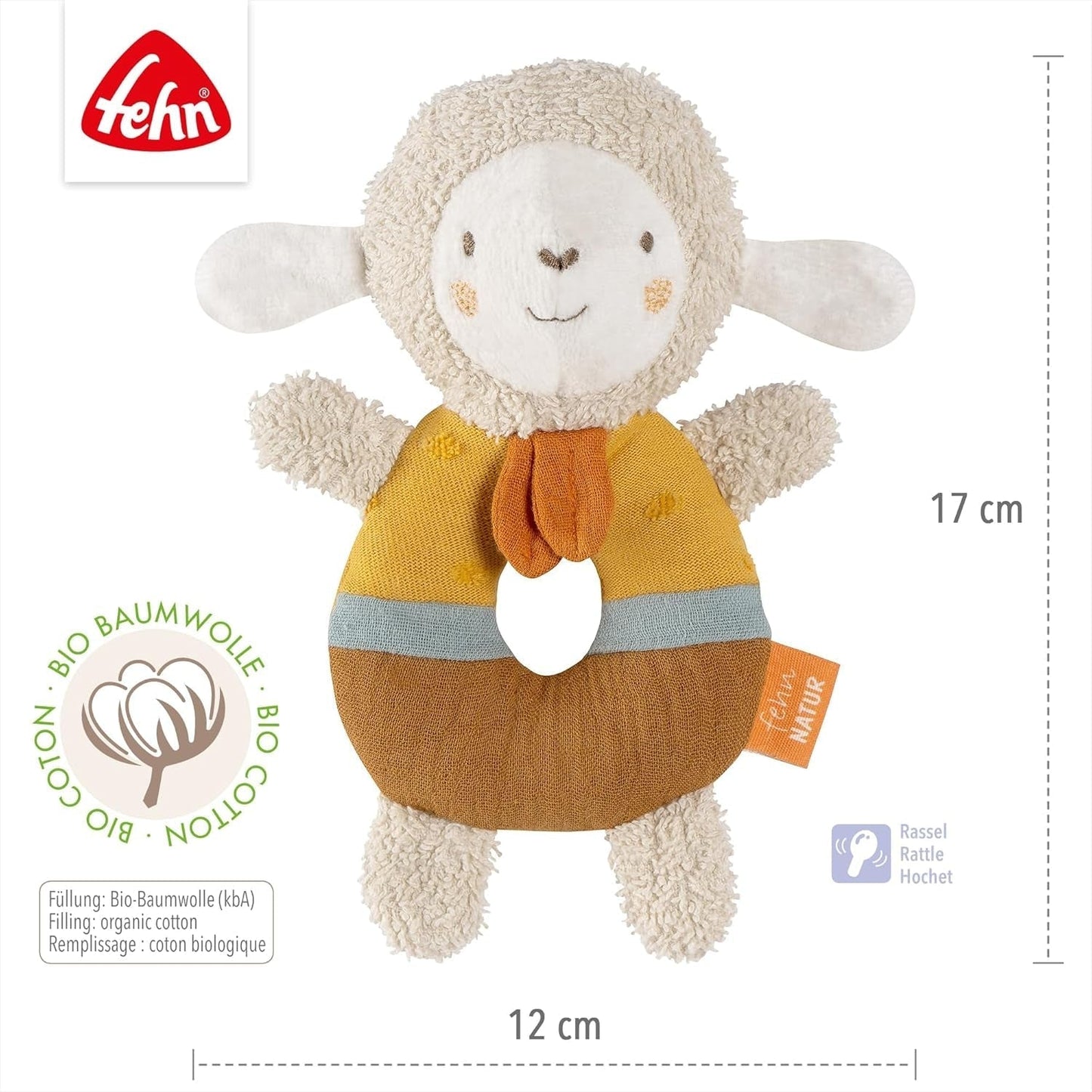 Fehn Baby Grip Ring Oveja de juguete fehnNATUR - Peluche con algodón orgánico - Juguete para bebé con cascabel y divertido juguete educativo - Juguete de agarre para bebés y niños pequeños a partir de 0 meses Baby Toys Naty Shop