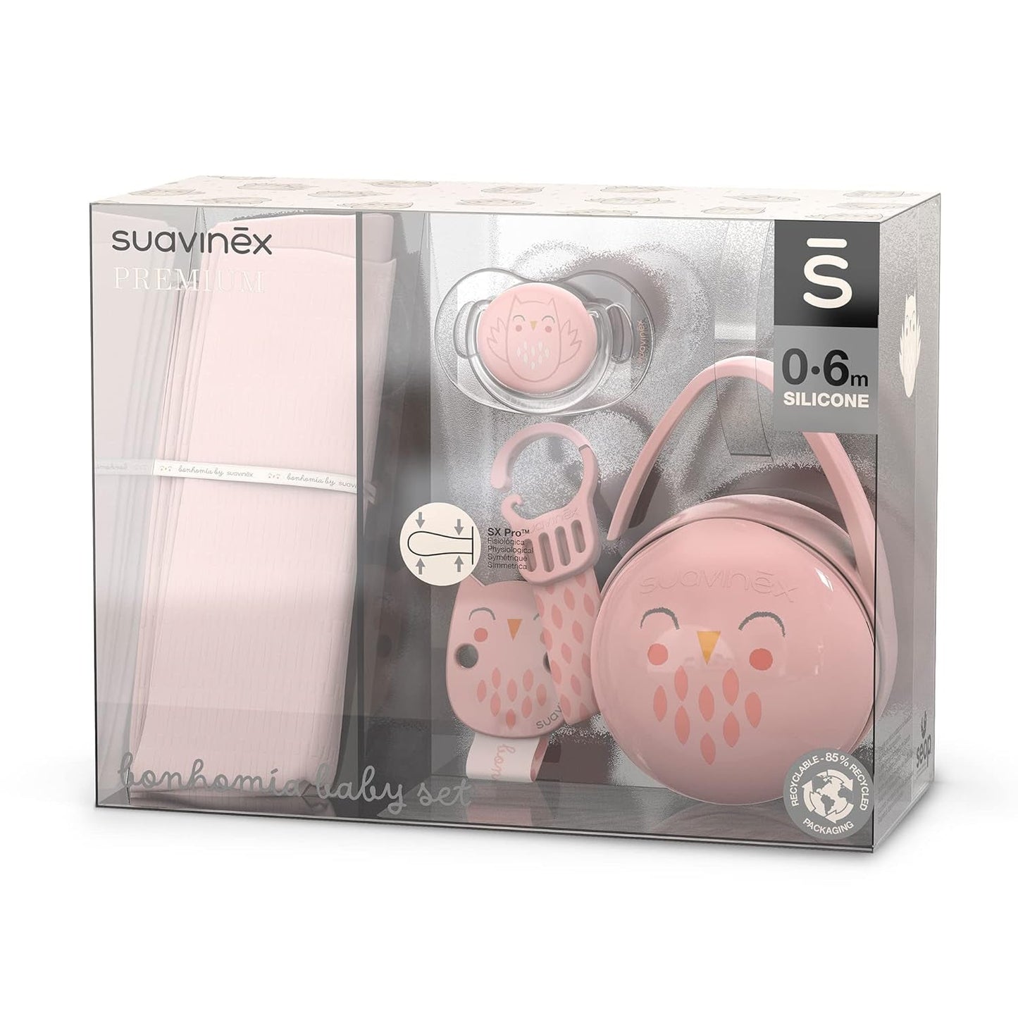 Set de regalo para recién nacido Suavinex. Set de 4 piezas que incluye: Chupete Physiological SX Pro para bebés 0-6 meses + portachupete + funda para chupete Duo + mordedor de silicona. País de las maravillas, beige
