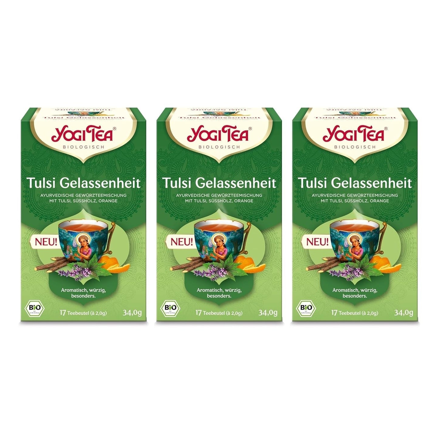 Yogi Tea - Tulsi Serenity Té ayurvédico de hierbas orgánico Mezcla de tulsi sin cafeína "Holy" Albahaca Regaliz y naranja Yogi Tea 3 paquetes 3X17 bolsitas de té (51 bolsitas de té)