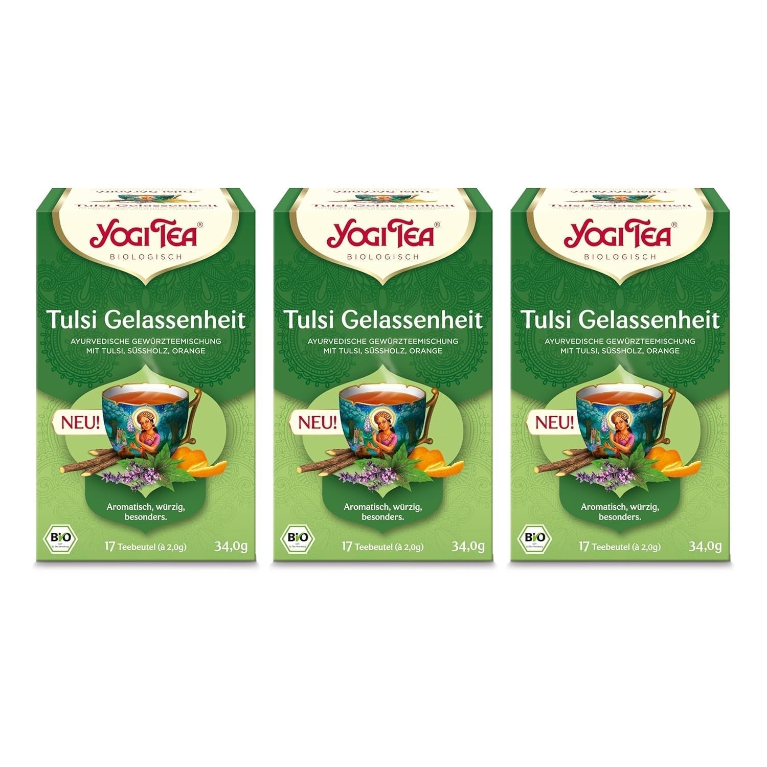 Yogi Tea - Tulsi Serenity Té ayurvédico de hierbas orgánico Mezcla de tulsi sin cafeína "Holy" Albahaca Regaliz y naranja Yogi Tea 3 paquetes 3X17 bolsitas de té (51 bolsitas de té)