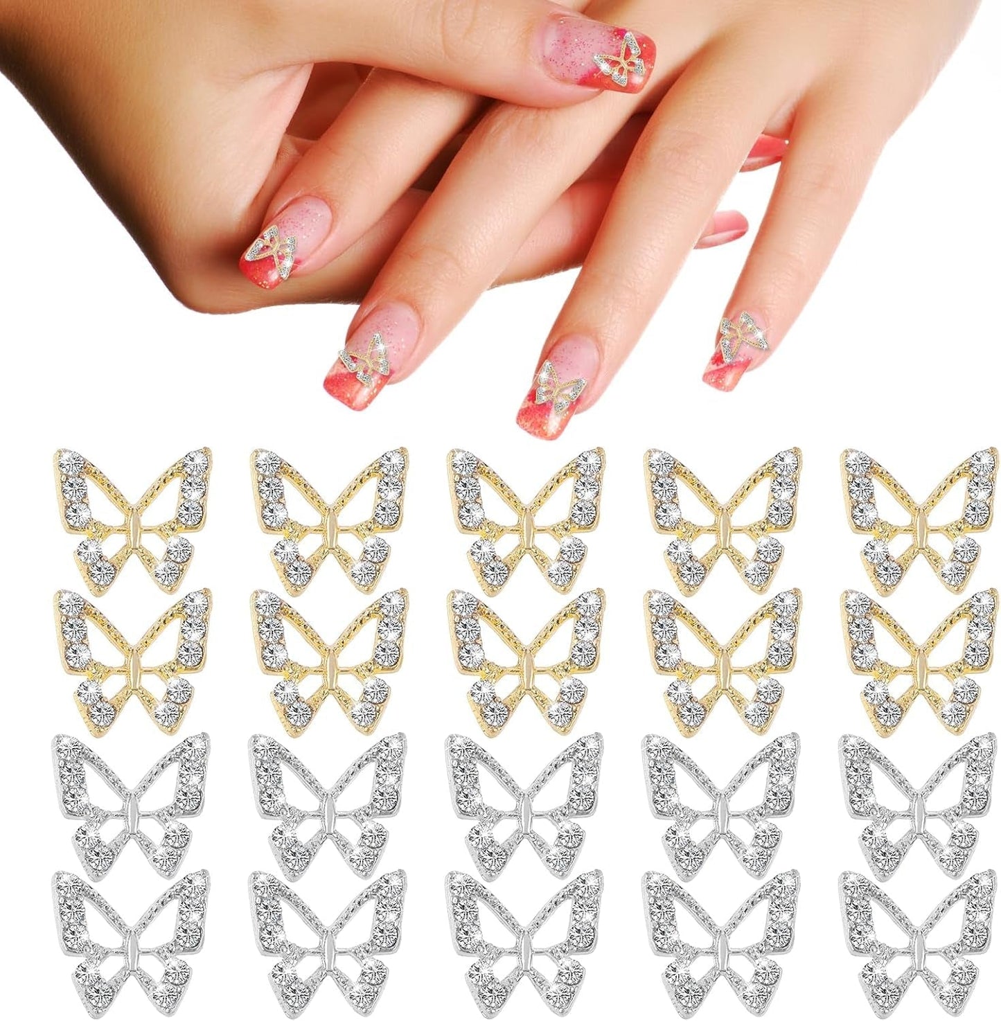 20 piezas de dijes de uñas de mariposa con purpurina, diamantes de imitación para decoración de uñas, piedras para uñas, arte de uñas de mariposa, diamantes de imitación, dijes de uñas para el día de San Valentín, decoración de caja de teléfono móvil DIY