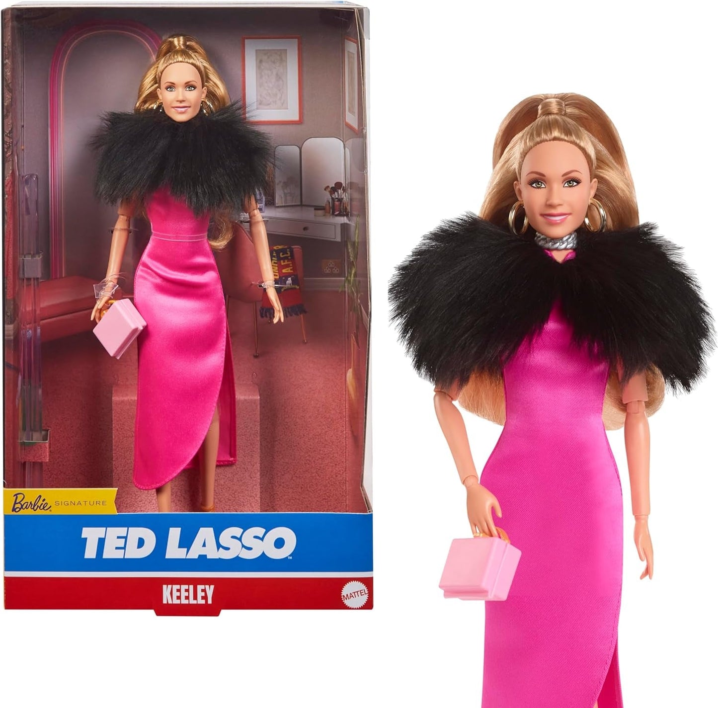BARBIE Keeley Jones - Muñeca coleccionable inspirada en Ted Lasso, vestido midi de seda rosa intenso, tacones altos dorados, capa negra, aretes de aro dorados, bolso rosa, para mayores de 3 años, HJW92