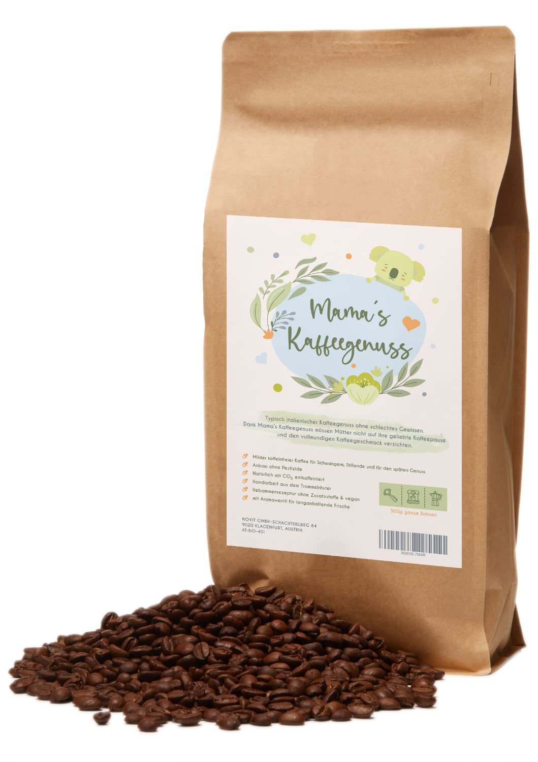 Mama's Coffee Pleasure®binky - Granos de espresso descafeinado Cremoso - descafeinado natural con CO² - ligeramente tostado en tambor en Italia - ideal durante y después del embarazo