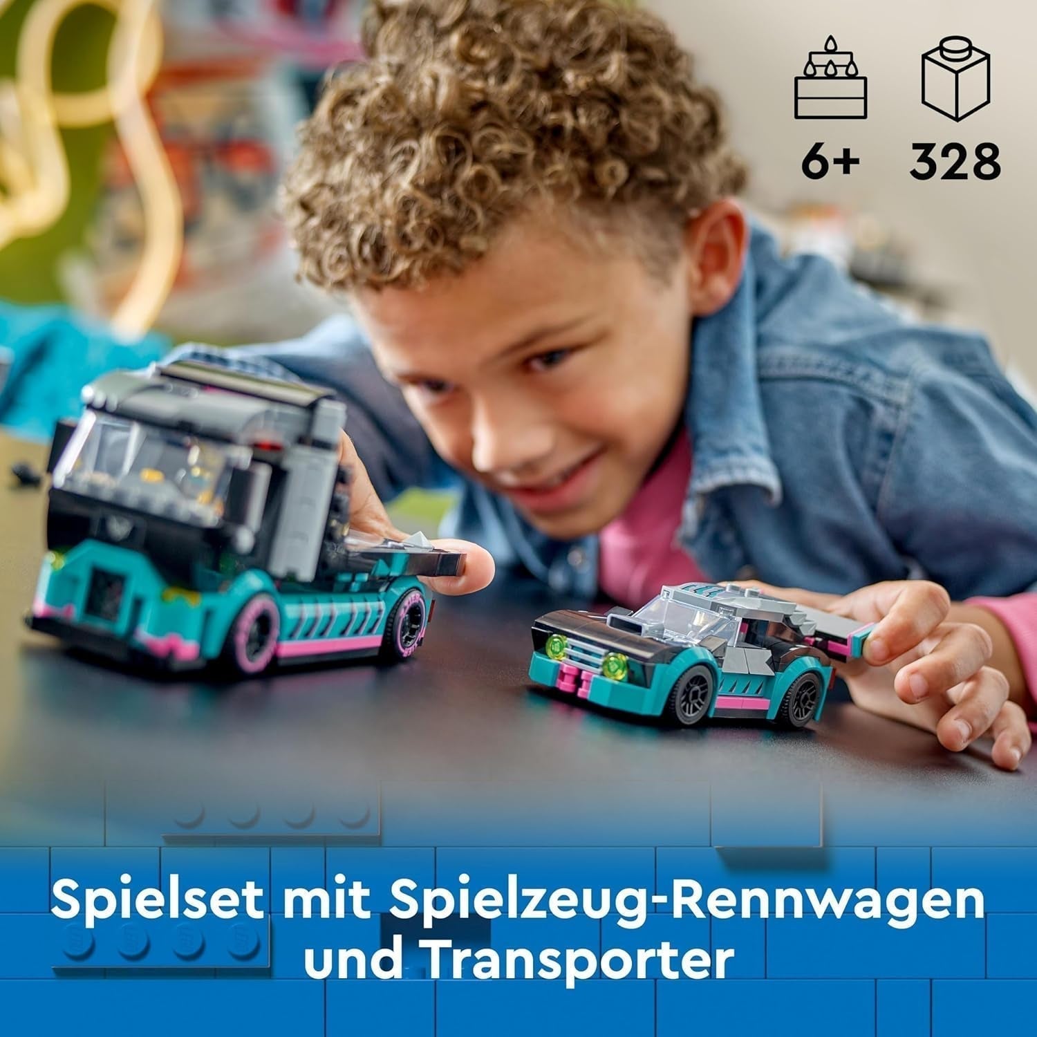 LEGO City Car Transporter con coche de carreras, camión de juguete con rampa de carga ajustable y coche de carreras, juego de construcción con 2 minifiguras, piloto de carreras y conductor de camión, para niños a partir de 6 años 60406 Juegos de construcción Besuche den LEGO-Store