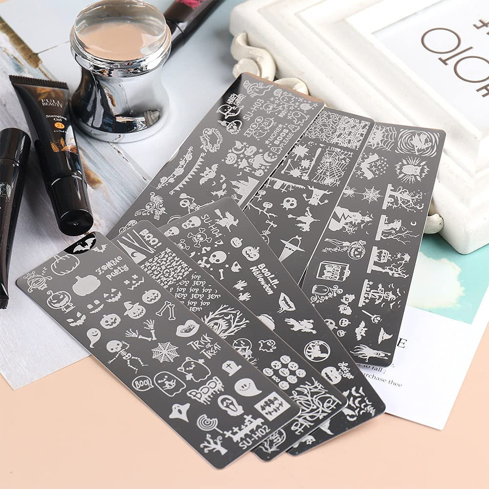 JMEOWIO Plantillas para estampación de uñas Halloween 6 Piezas Plantillas de Plantillas para decoración de uñas Diseño de uñas Zubehör Böse Gruselige Kürbis-Geisterhexe