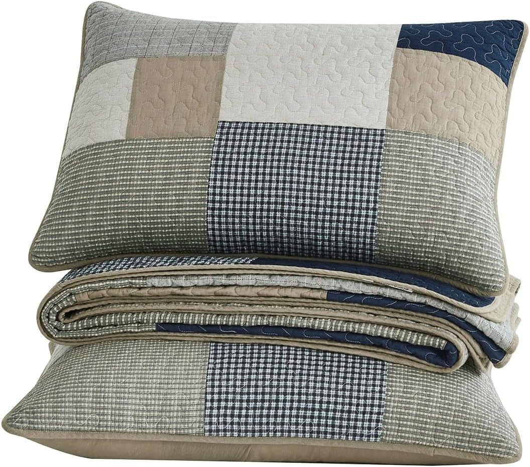 Colección Chezmoi Addy Juego de edredón de retales de algodón prelavado, ligero, reversible, para todas las estaciones, de gran tamaño, 3 piezas, azul marino, blanco, gris, gris topo, edredones y edredones a cuadros Naty Shop