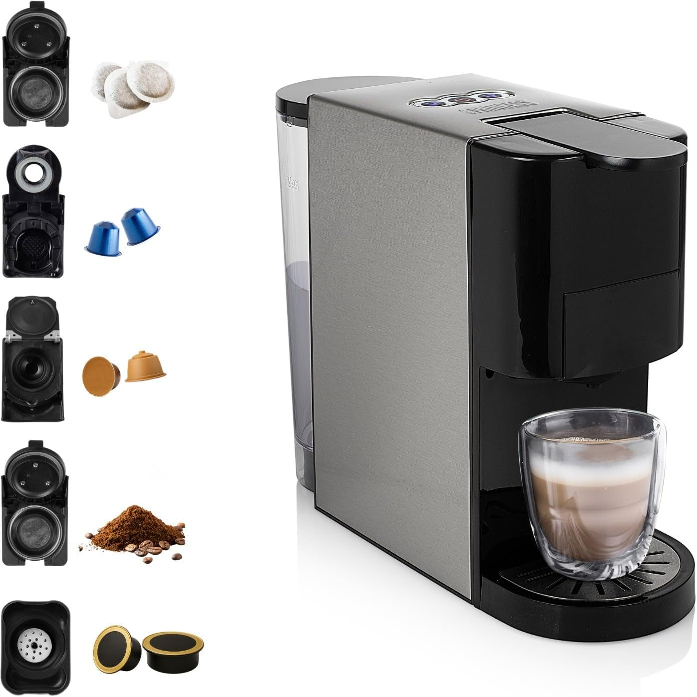 Princess Cafetera Espresso Multicápsulas 5 en 1 - Compatible con Nespresso, Dolce Gusto, Lavazza a Modo Mio y ESE Pads, 0,8L de Capacidad, 1450W, Plata, Negro