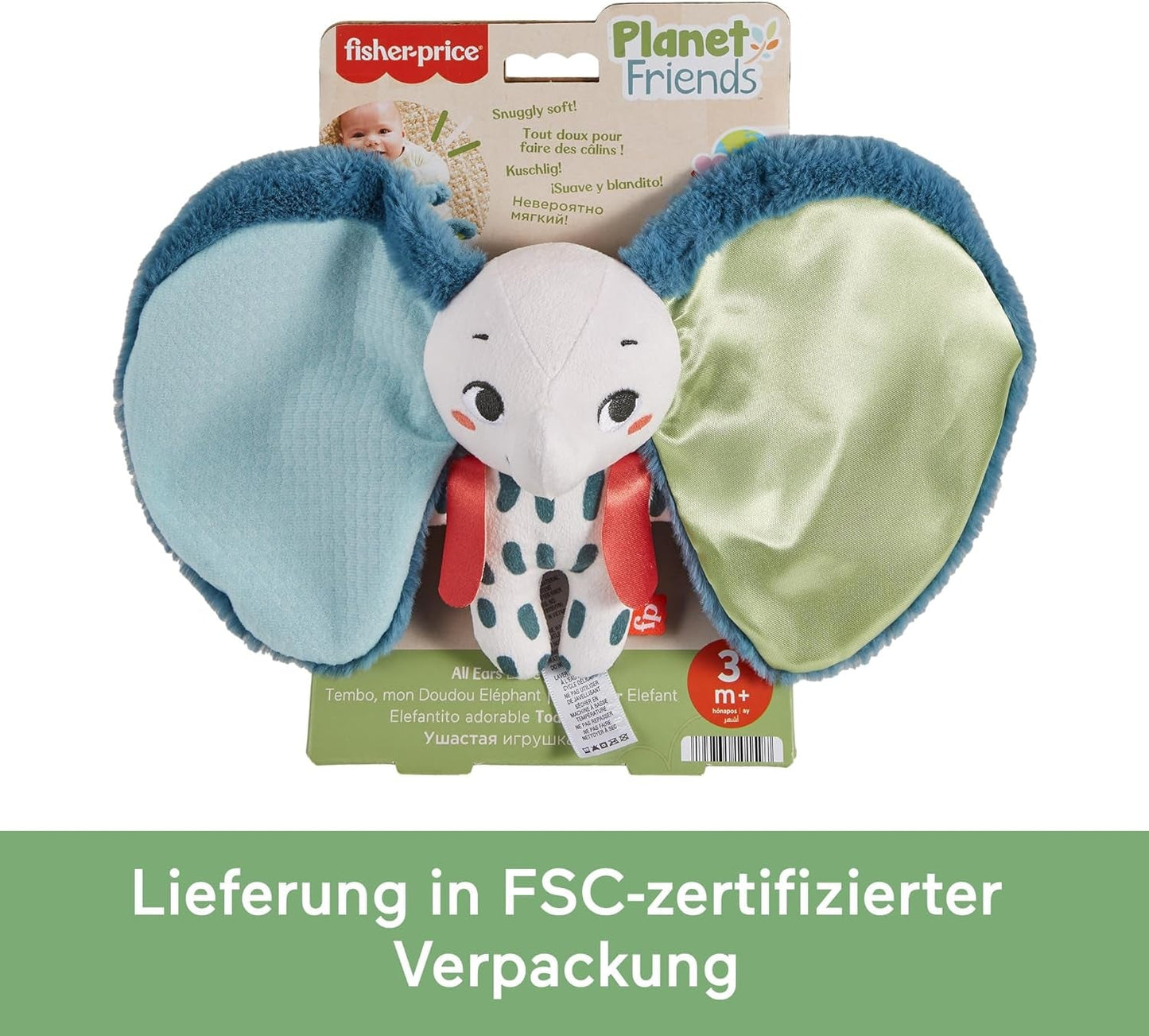 Fisher-Price Elefante Oreja Gigante - Adorable peluche suave con orejas extra grandes, fabricado 90% de plástico reciclado y embalaje certificado FSC, para bebés de 3 meses en adelante, HKD63 Bebe Toys Naty Shop