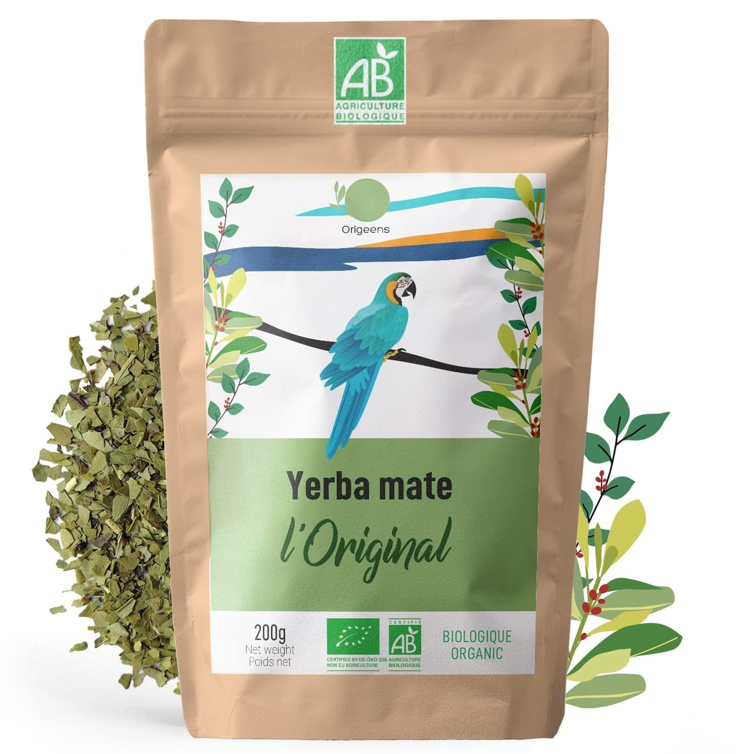 ORIGEENS TÉ YERBA MATE BIO 200G - La Original I Yerba Mate Bio sin tostar, hojas, sin tallos, polvo ni migas I Bebida energizante y desintoxicante