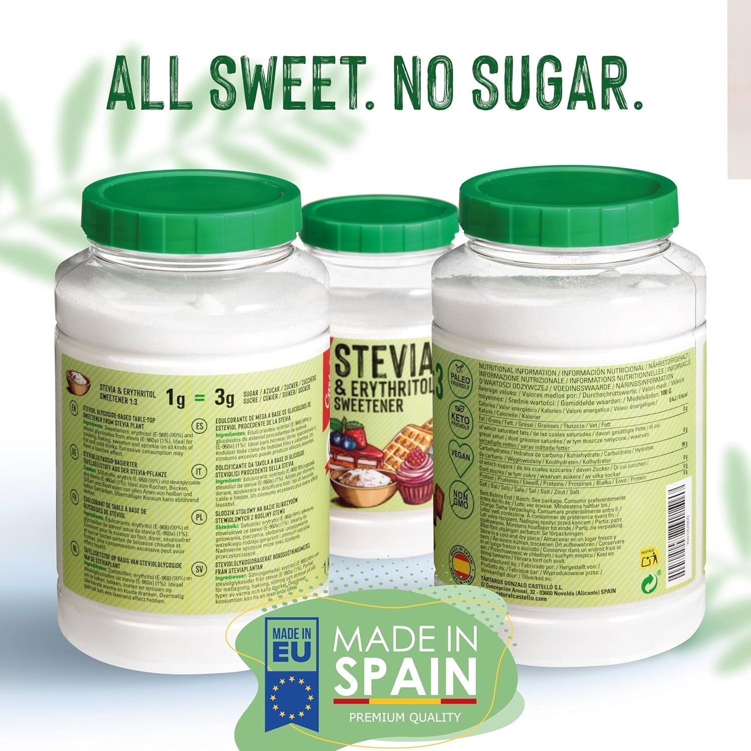 Stevia + Eritritol 1:3 Süßstoff | 1G = 3G Zucker | 100% Natürlicher Zuckerersatz - 0 Kalorien - 0 Glykämischer Index - Keto Und Paleo - 0 Netto-Kohlenhidrato - Kein GVO - Castello since 1907-1 Kg Edulcorantes Naty Shop
