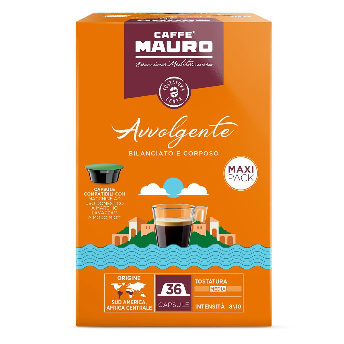 Caffè Mauro Torrefazione Kaffeekapseln Espresso Avvolgente, Intensität 8/10-144 Kapseln Compatible with Kaffeemaschinen der Marke Lavazza* A Modo Mio*, 144 Stück, Hergestellt in Italien