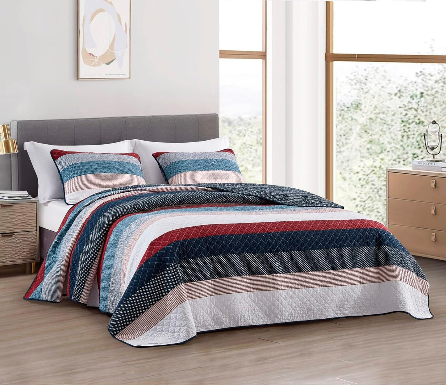 Colección Chezmoi Addy Juego de edredón de patchwork de algodón prelavado, ligero, reversible, para todas las estaciones, de gran tamaño, 3 piezas, edredones y edredones a cuadros azul marino, blanco, gris pardo, Naty Shop Modern Patchwork Dotted King