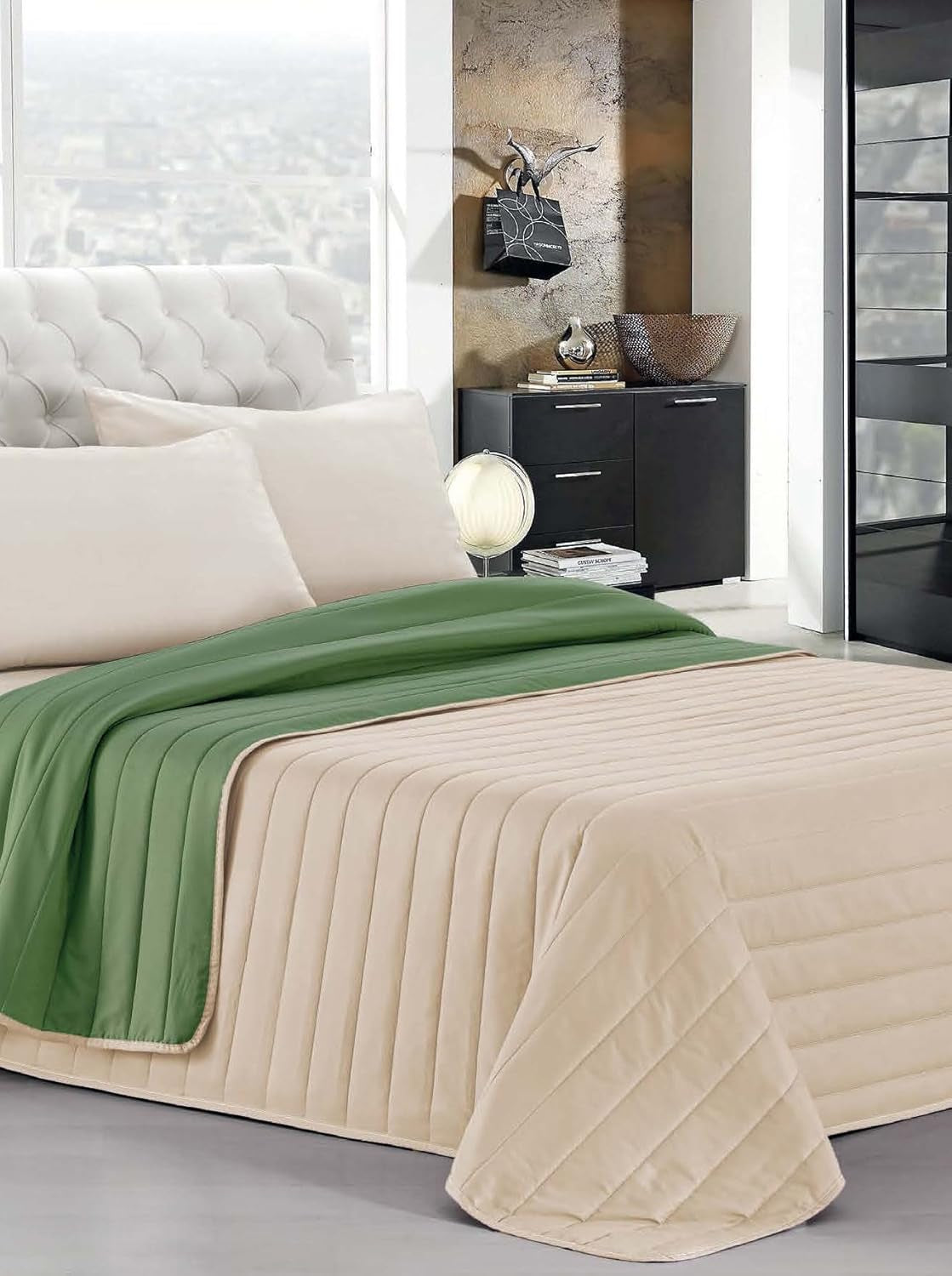 Ropa de cama italiana Estivo cama individual, lino, Aqua, 170 x 270 cm Edredones y colchas Naty Shop Verde/Nocciola 170 x 270 cm