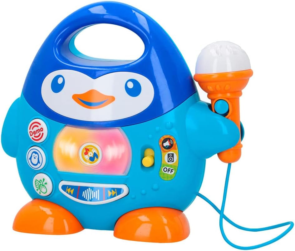 Reproductor de música karaoke WinFun, diseño pingüino, con luces intermitentes y efectos de eco, en color azul, estilo juguetón, conexión USB Juguetes Bebé Naty Shop