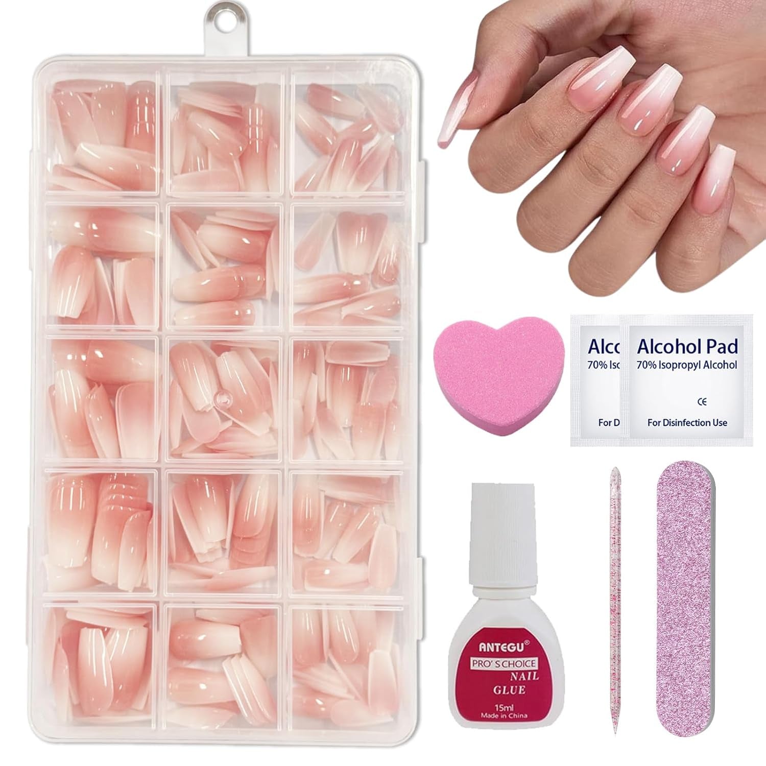 Juego de 240 uñas postizas cortas – Uñas postizas artificiales naturales cortas para pegar – Uñas artificiales degradadas desnudas para extensiones de uñas en caja (degradado desnuda)