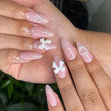 24 Uds. Prensa de almendra blanca sobre uñas francesas con lazos perlas uñas postizas pegamento en puntas de uñas postizas uñas con brillo