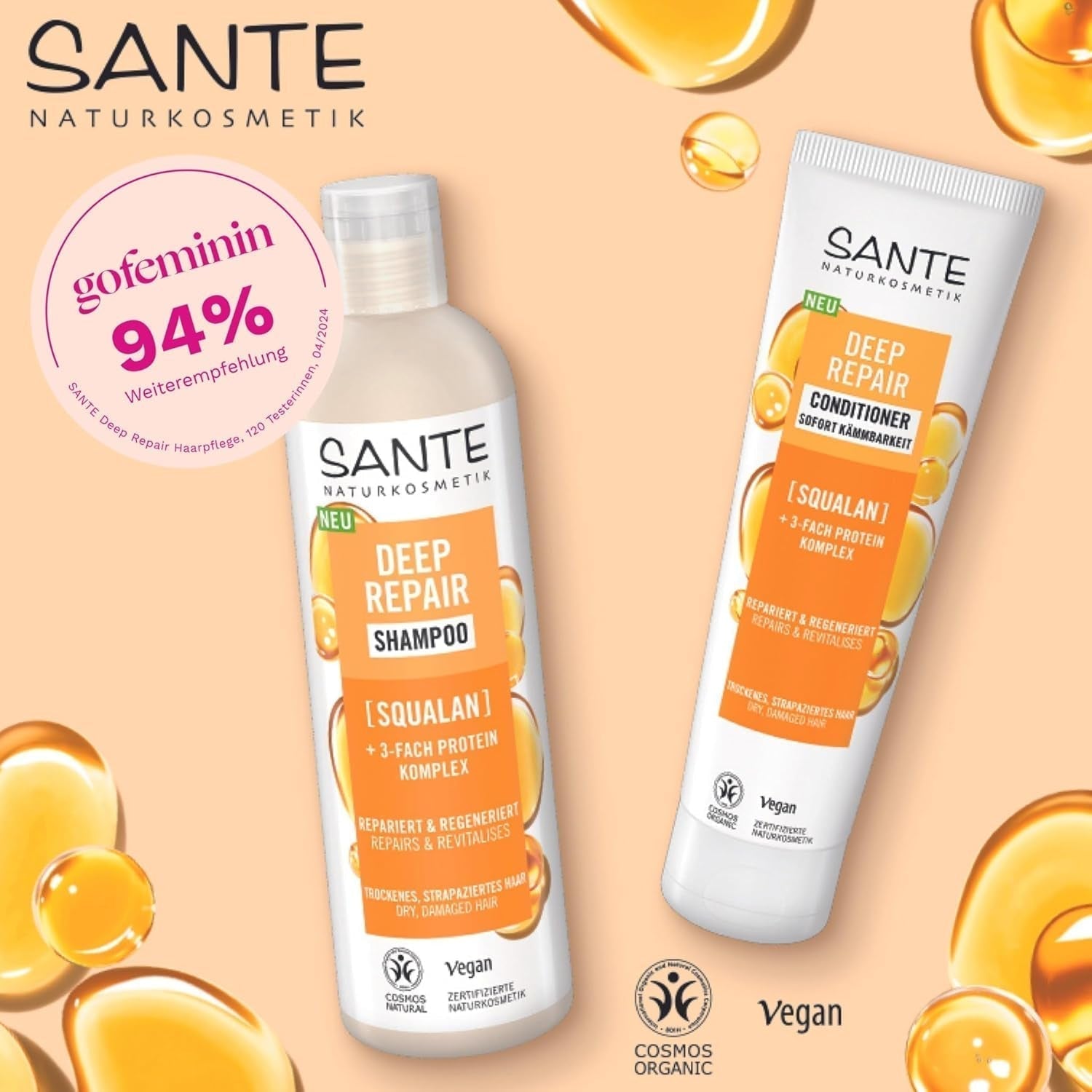 SANTE Natural Cosmetics Deep Repair Mask Squalane + 3x complejo proteico, mascarilla capilar vegana para hidratación intensa y cabello flexible, repara y regenera el cabello dañado, 150 ml Naty Shop Hair Mask