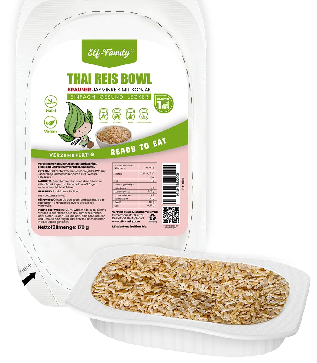 Elf-Family Konjak Reis Thai Brauner Shirataki Bowl -[Diätbox für 1 Wo.] - Instant Jasmin Reis - Fertiggerichte für Mikrowelle - Natürlich Superfoods Mikronährstoffe - Vegano/Bajo en carbohidratos/Fettfrei- Caja de 6 unidades