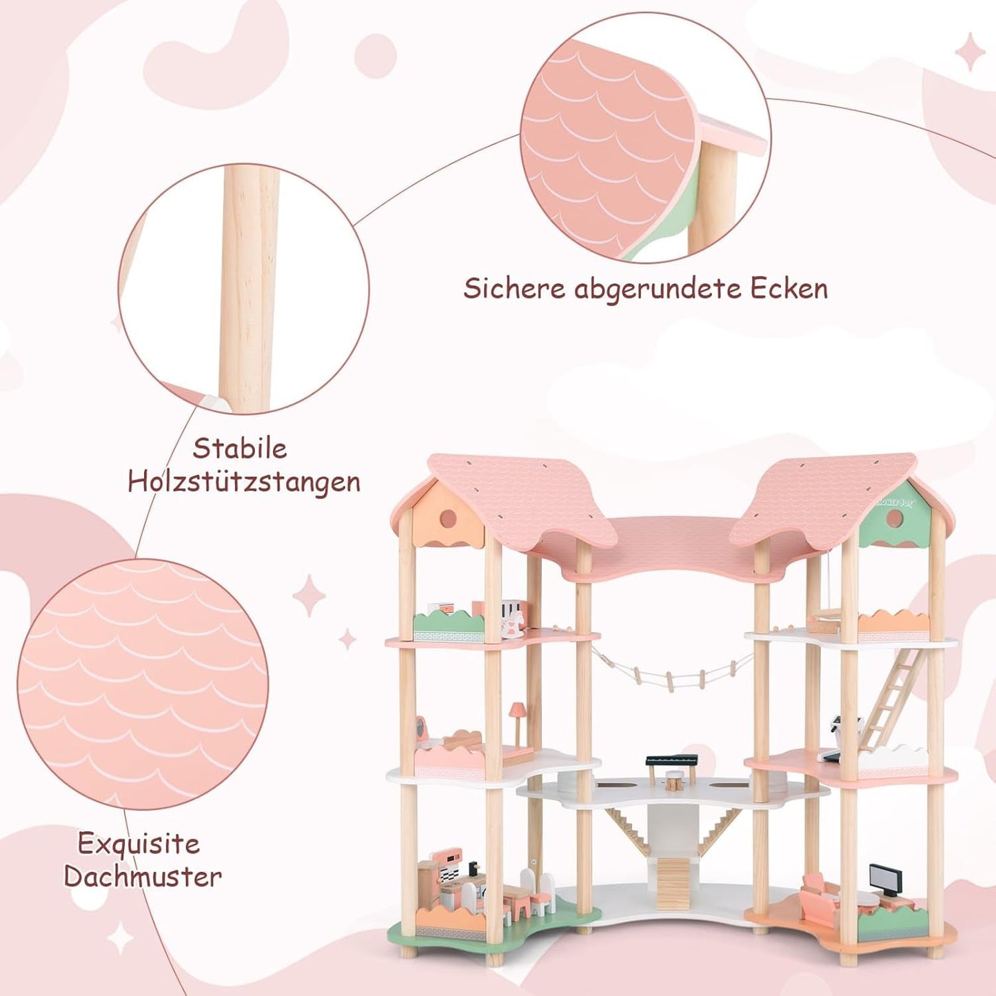FANTASK Casa de Muñecas de Madera, Casa de Muñecas de 85 cm de Alto 7 Habitaciones con 32 Muebles y Accesorios, Casa de Muñecas con Escalera de Cuerda, Casa de Muñecas Regalo para Niñas de 3 Años (Modelo 3) Naty Shop Casas de Muñecas