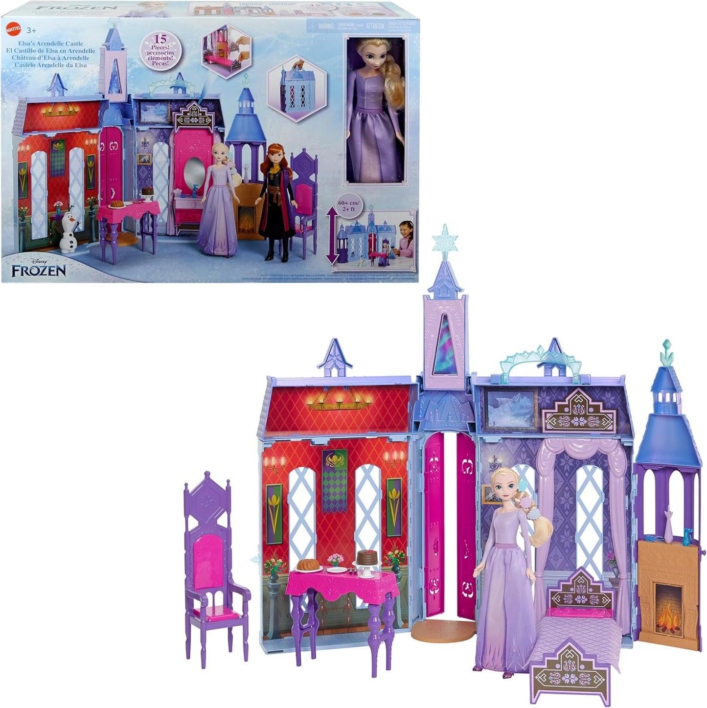 Mattel Disney Frozen - Casa de muñecas Castillo Arendelle (60 cm+) con muñeca Elsa, 4 parques infantiles y 15 piezas de muebles y accesorios Disney Frozen II, HLW61