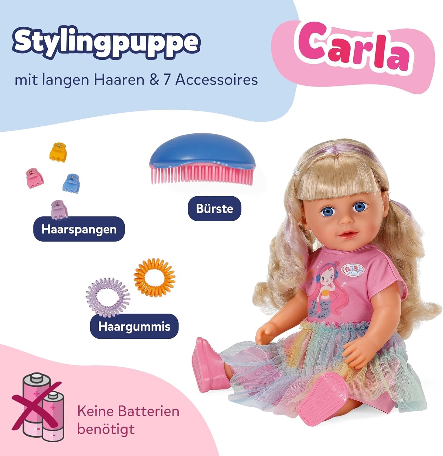 BABY born Carla - Muñeca 43 cm - Pelo rubio con mechones de gran calidad - No necesita pilas - Apta para niños a partir de 4 años - Incluye 7 accesorios, rosa