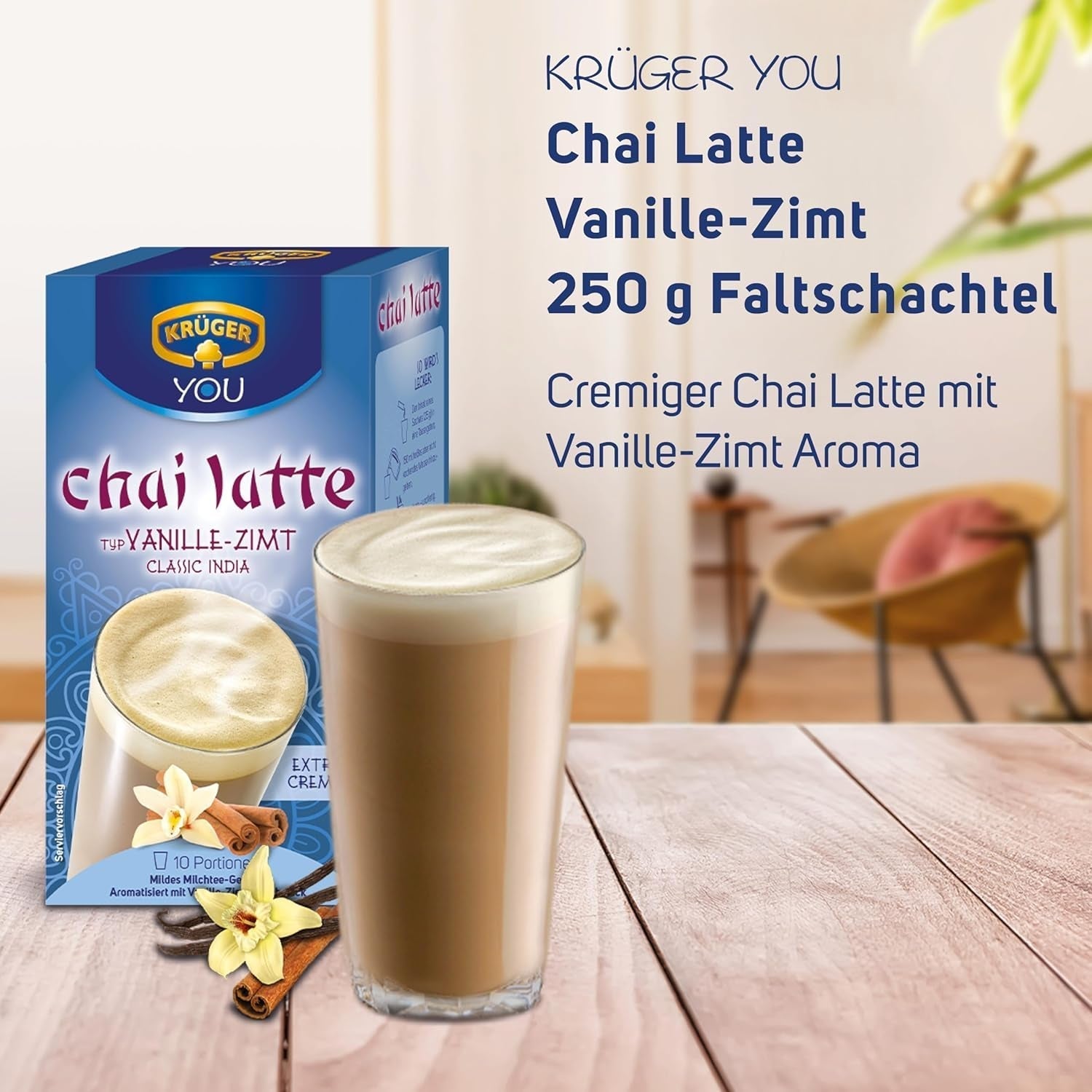 KRÜGER YOU Chai Latte Vanilla Cinnamon, preparación instantánea para bebidas lácteas, aromatizado con vainilla y canela, 250 g (10 sobres de 25 g)